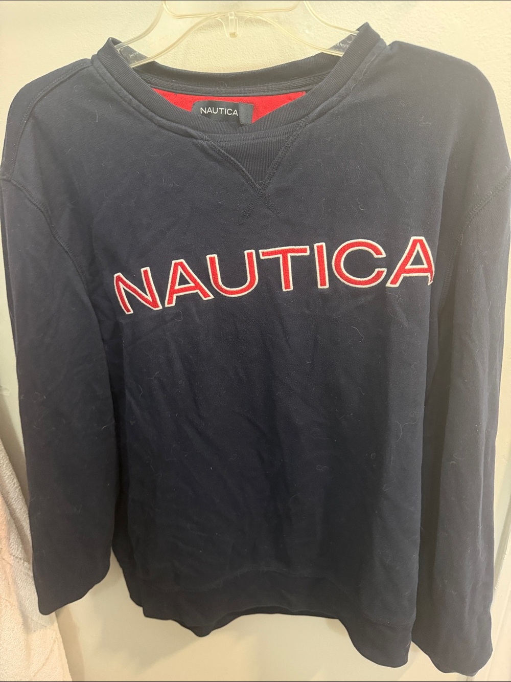 Nautica Men's Navy Crewneck Sweatshirt with Red Lettering